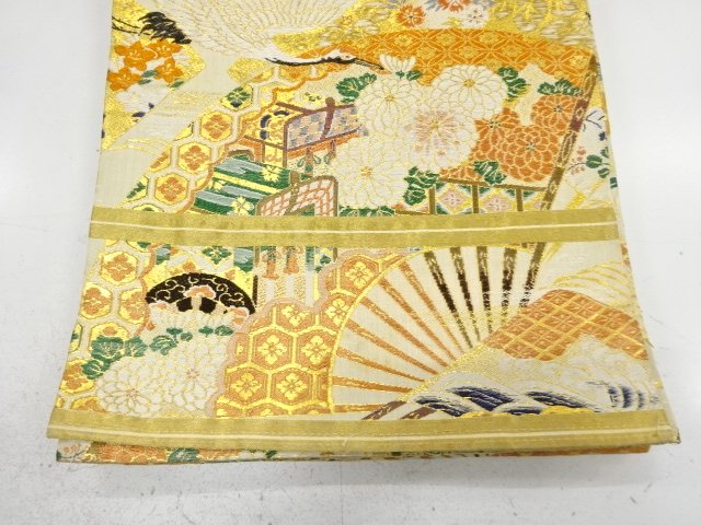  アンティーク　扇に御所車・鶴・古楽器模様織り出し丸帯（着用可）